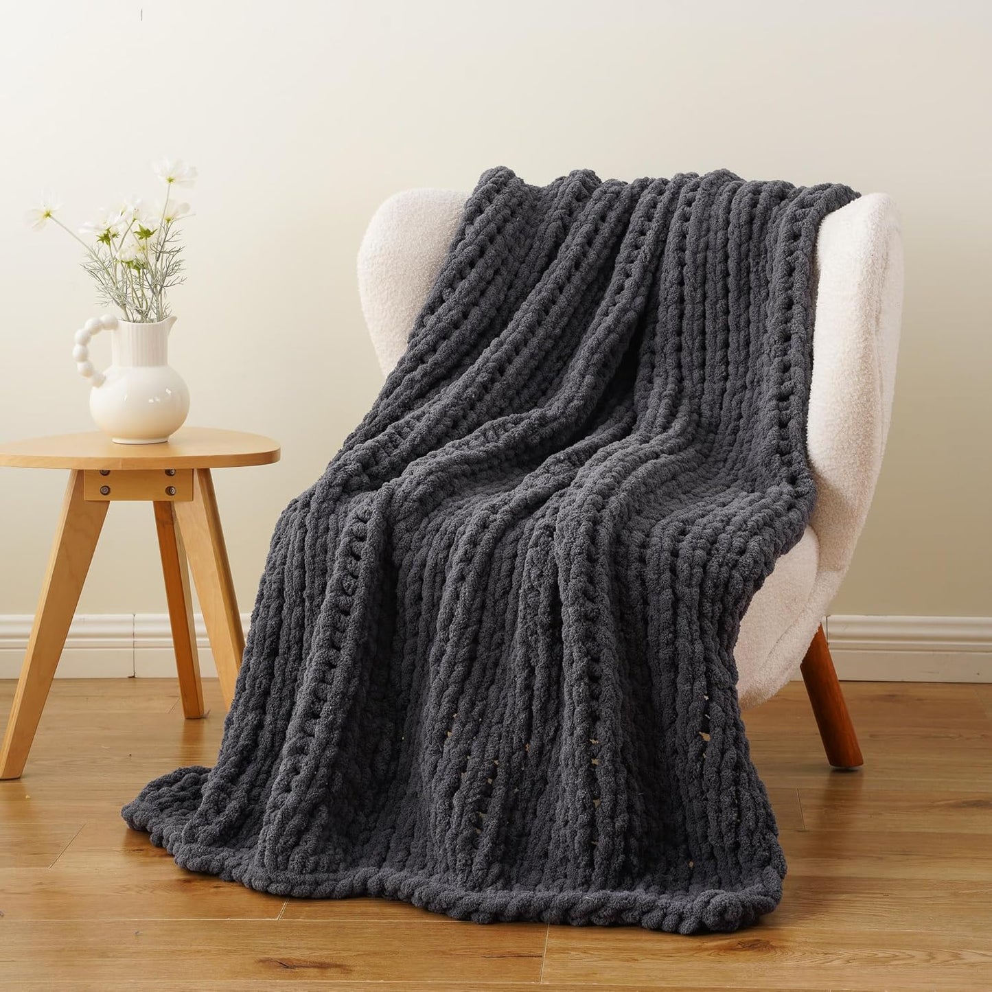Battilo Chunky Knit Throw Blanket, Soft and Thick Chenille Throw Blanket, 50"x60" Handmade Cable Knit Crochet Blanket, Large Rope Knot Throw Blankets for Couch Sofa Bed Home Decor, Grey