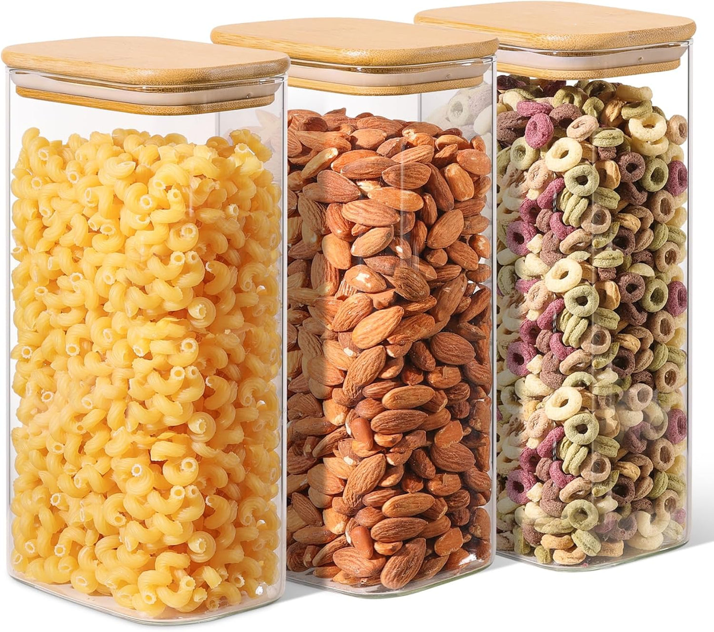 ComSaf 1.8 Qt Rectangle Glass Storage Containers with Lids, Glass Jars with Bamboo Lids, Clear Food Storage Jar, Sugar Coffee Containers, Pantry Storage Container for Pasta Rice Flour Oats Nuts Tea