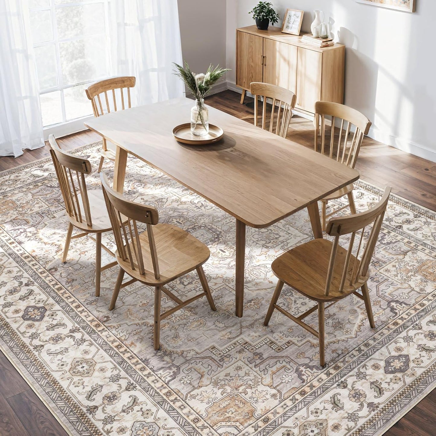 Washable Area Rugs for Living Room - 8x10 Neutral Vintage Distressed Floral Farmhouse Boho Large Soft Floor Rug Indoor Non Slip Carpet for Bedroom Dining Room Office - Grey Brown