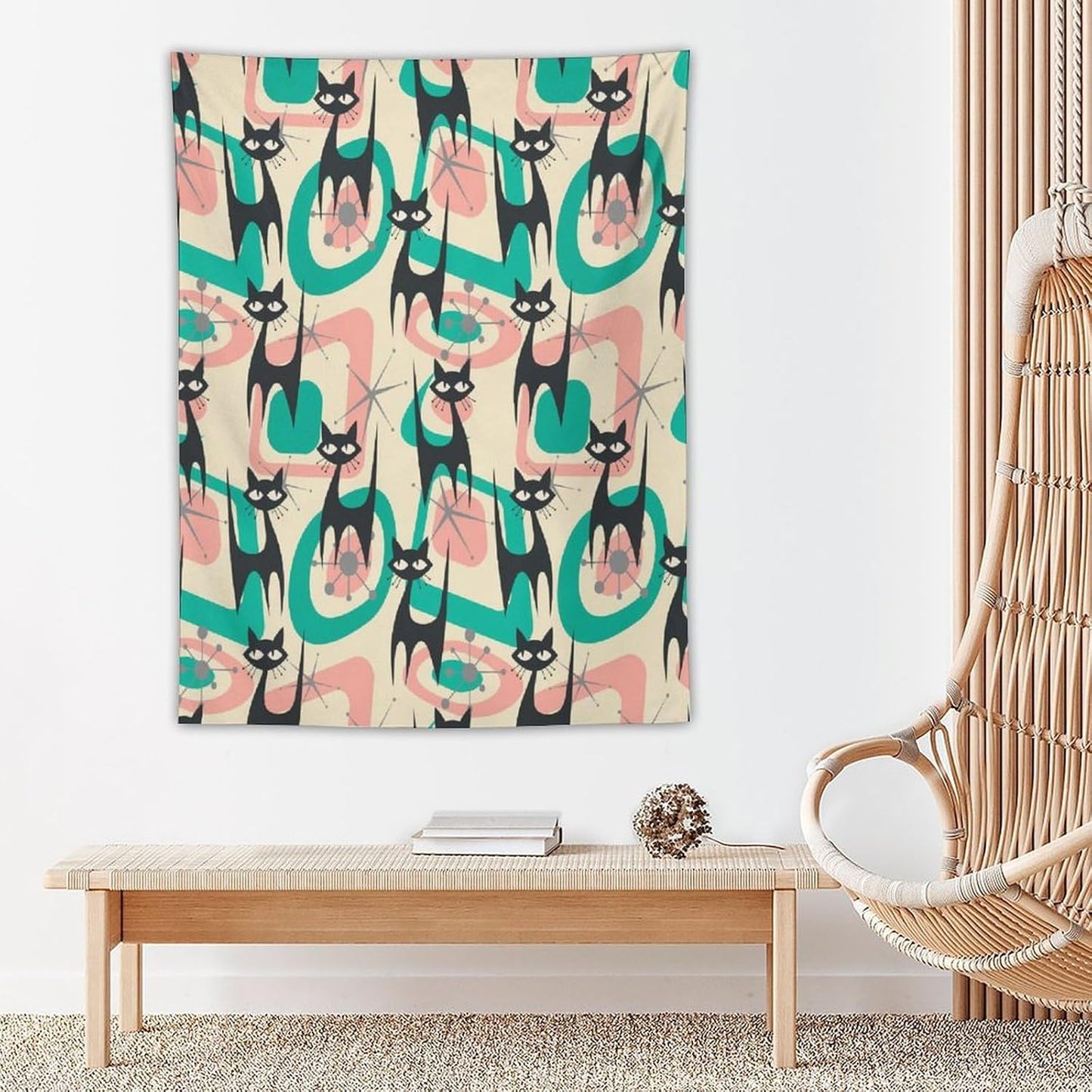 ICMOLYYENLO Boho Medieval Cat Tapestry, Abstract Atomic Starburst Geometric Aesthetic Art Wall Hanging For Bedroom Living Room Dormitory 60x80 Inches