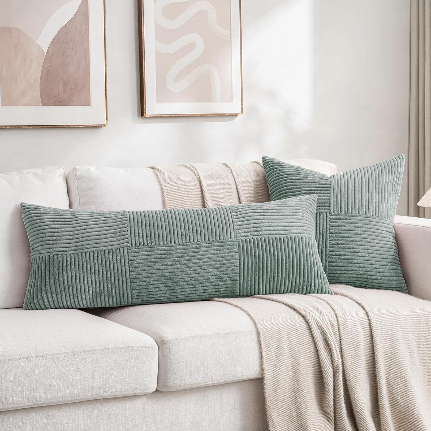 Fancy Homi 2 Packs Grey Blue Decorative Throw Pillow Covers 16x16 Inch for Couch Bed Sofa, Rustic Farmhouse Boho Home Decor, Soft Corss Patchwork Corduroy Textured Square Cushion Case 40x40 cm