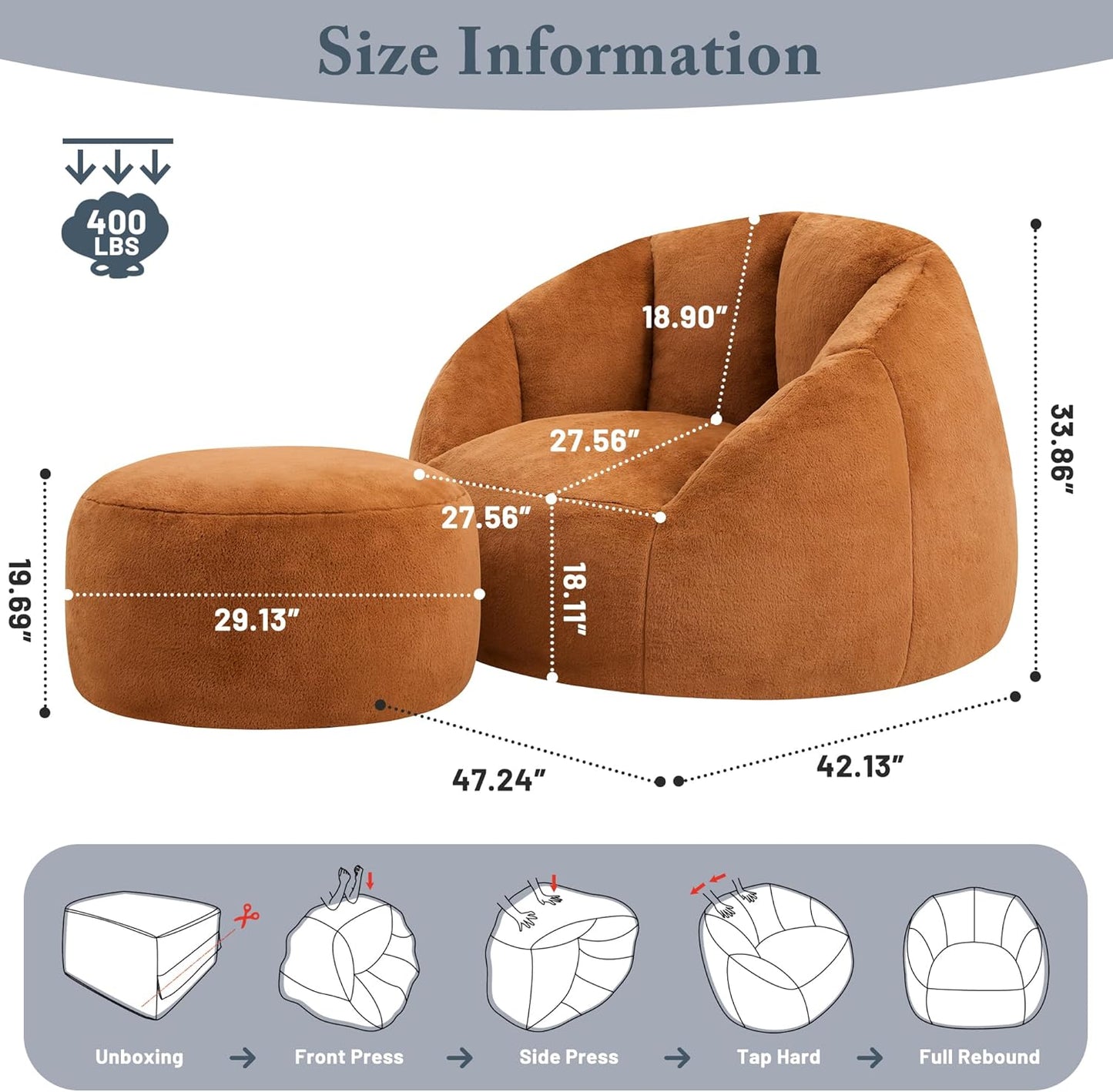 Giant Bean Bag Chaise Lounge Indoor Chair for Adults - Comfy Plush Round Shell Soft Accent Chair, Oversized Cozy Floor Sofa for Living Room, Bedroom & Game Rooms, Orange