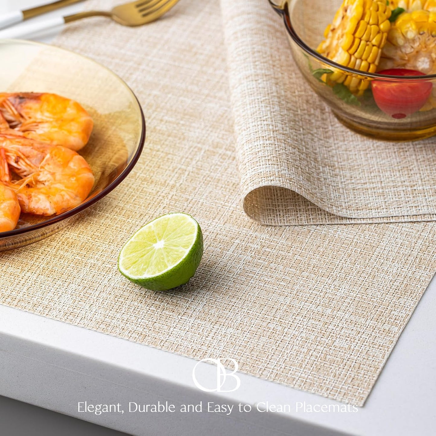Placemats Set of 12 - Easy Clean Woven Vinyl Placemat for Dining Table, Indoor/Outdoor Place Mats, Washable PVC Table Mats（Beige）