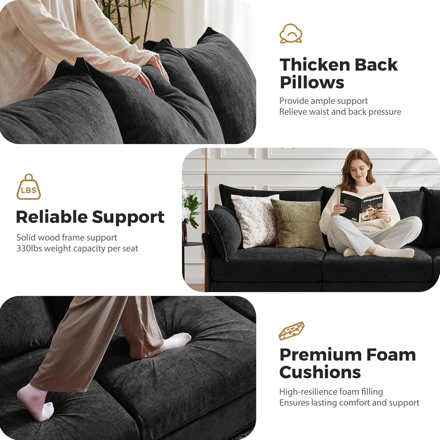 166.6" Oversized Modular Sectional Sofa, U Shaped Convertible Couch with Movable Ottoman, Large 8 Seat Corner Couches for Living Room Deep Seat Black Chenille