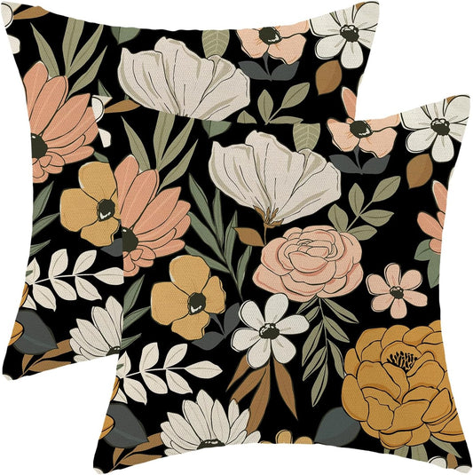 CXMEIFLY Spring Floral Pillow Covers 18 x 18 Inch Set of 2 for Vintage Pink Mustard Yellow Cream Flowers Decor Throw Pillows Plant Black Outdoor Decorative Cushion Cases for Couch Bed Decorations