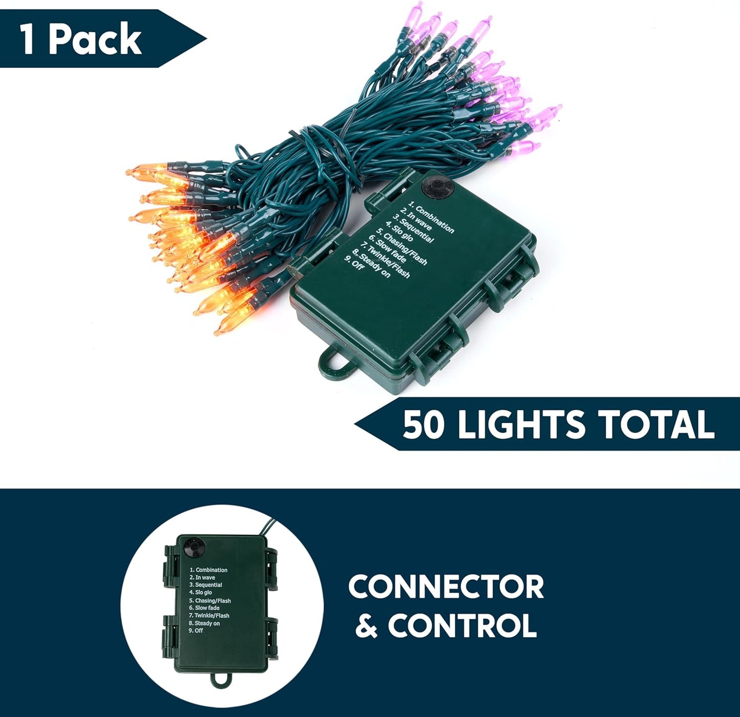 Joiedomi 16.3FT Orange&Purple Halloween Lights,50 Count Battery Operated Christmas String Tree Fairy LED Lights with 8 Modes,Multifunction Green Wire with Timer for Xmas Decor Party Holiday House