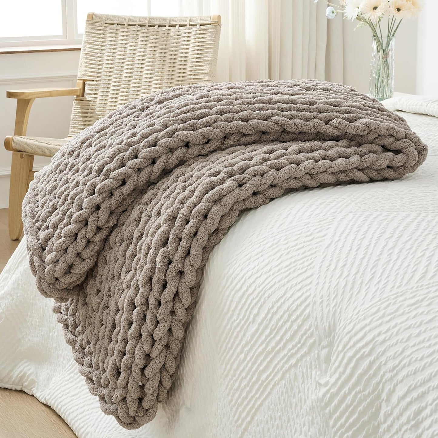 Bigacogo Chunky Knit Throw Blanket for Couch, 40x60 inches, 100% Hand Knitted with Thick Jumbo Chenille Yarn, Cozy Soft Large Rope Knot Cable Crochet Blankets for Sofa Bed Living Room, Taupe
