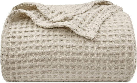 PHF Ultra Soft Waffle Weave Blanket Queen Size 90"x 90"- Washed Lightweight Breathable Cozy Woven Blanket for Bed - Aesthetic Decor for Couch Bedding Sofa Home Car - Light Khaki/Linen