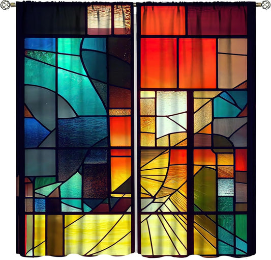 Stained Glass Curtains,Retro Abstract Colorful Geometry Textures Art Home Decor Drapes for Bedroom Living Room Kitchen Window Treatment 2 Panels Set Total Size 84" W X 84" L Inch