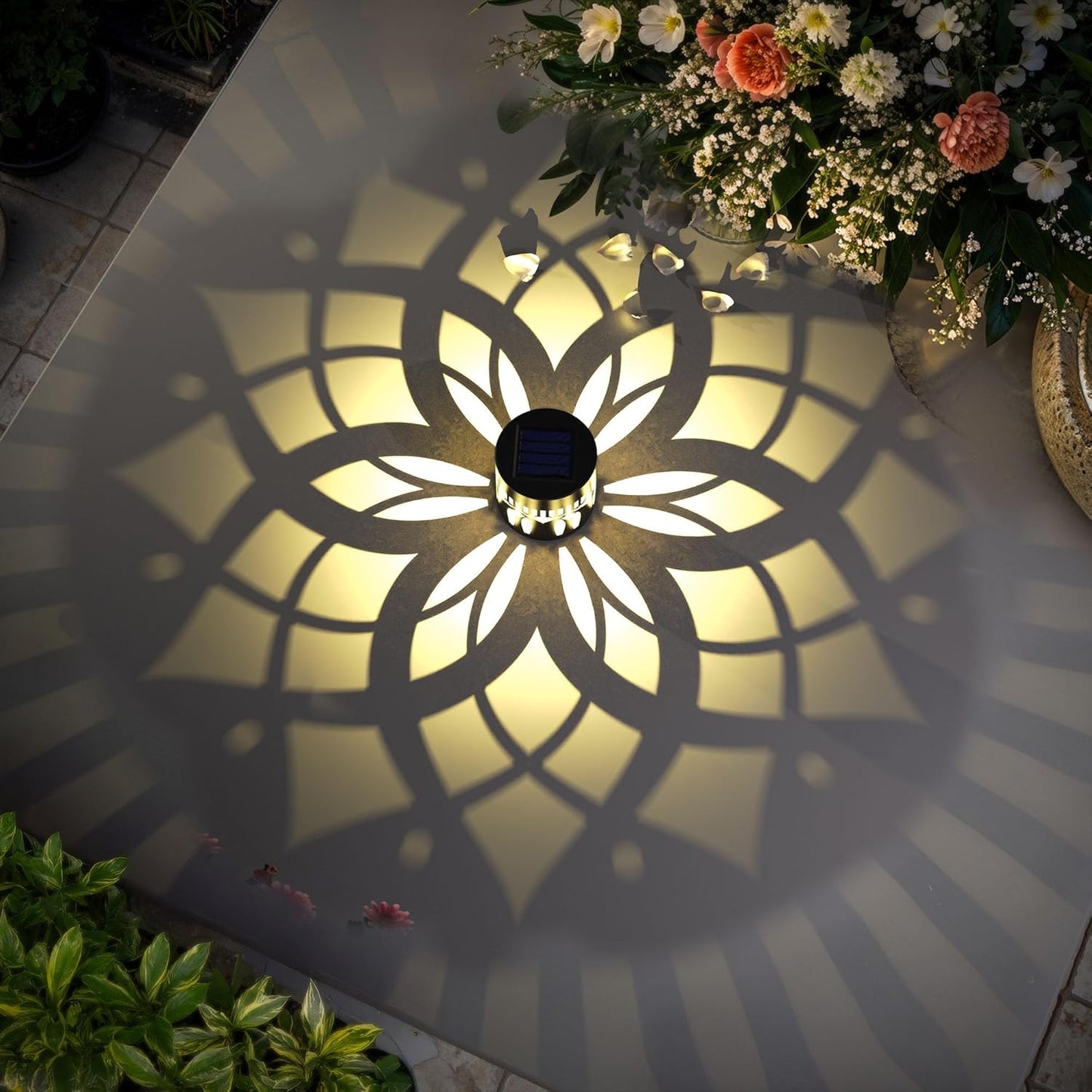 4 Pack Solar Fence Lights Metal Solar Powered Outdoor Wall Deck Step Lights Mandala Theme Waterproof Fence Light for Garden Post Patio Backyard Yard Decor, Gardening Gifts for Women Mom Grandma