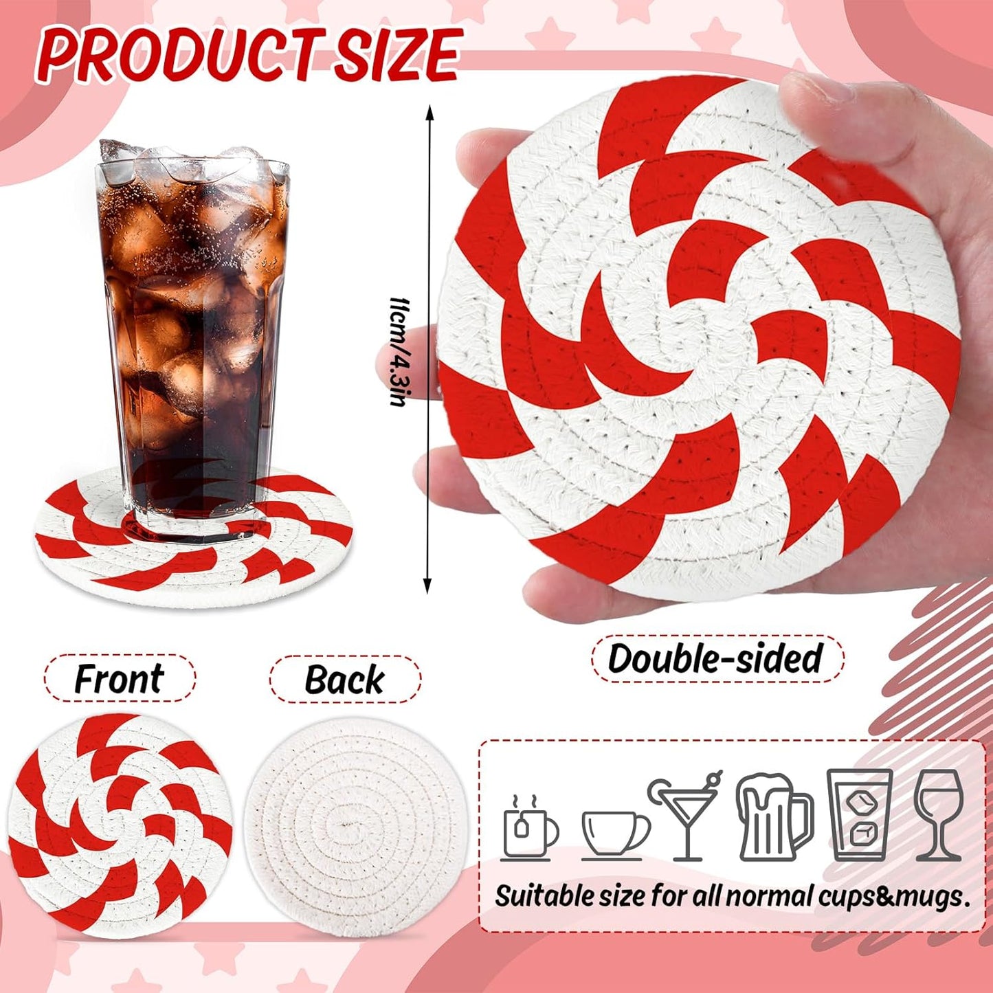Whaline Christmas Candy Cotton Coasters Red White Peppermint Handmade Braided Drink Coasters Absorbent Cup Mats for Xmas Holiday Party Home Table Decor, Set of 4