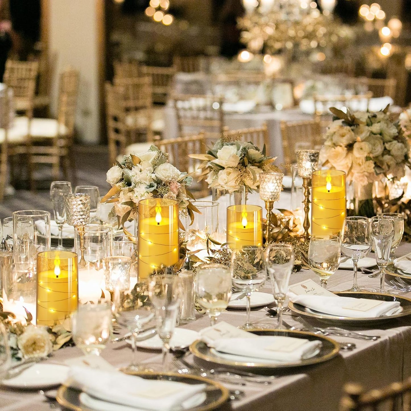 NURADA Flickering Flameless Candles: Built-in Star String Lights Acrylic Battery Operated LED Pillar Candles with Remote and Timer for Romantic Mood Home Decoration - 3 Pack Gold