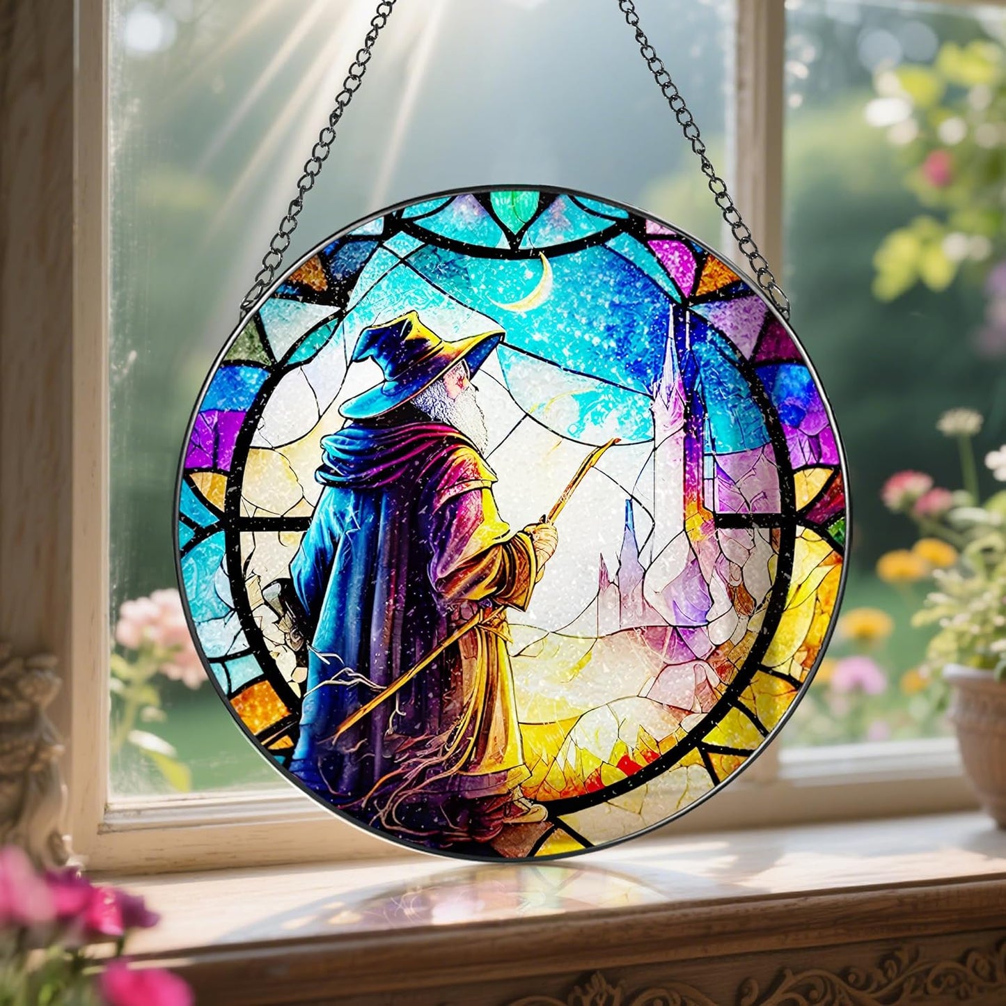 Stained Glass Window Hanging, LAOWEIKI 8'' Witch Suncatcher, Stained Glass Ornament, Suncatchers for Windows Hanging, Window Decor, Outdoor or Indoor, Gifts for Friends