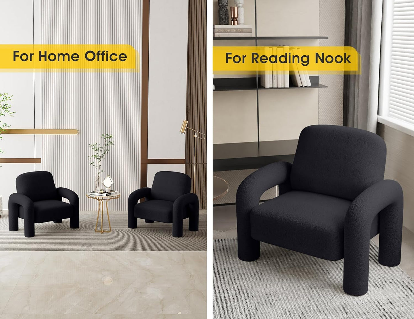 Modern Sherpa Accent Chair, Teddy Upholstered Arm Single Sofa, Cozy Fluffy Reading Chair for Living Room, Bedrooms, Corner (Black)