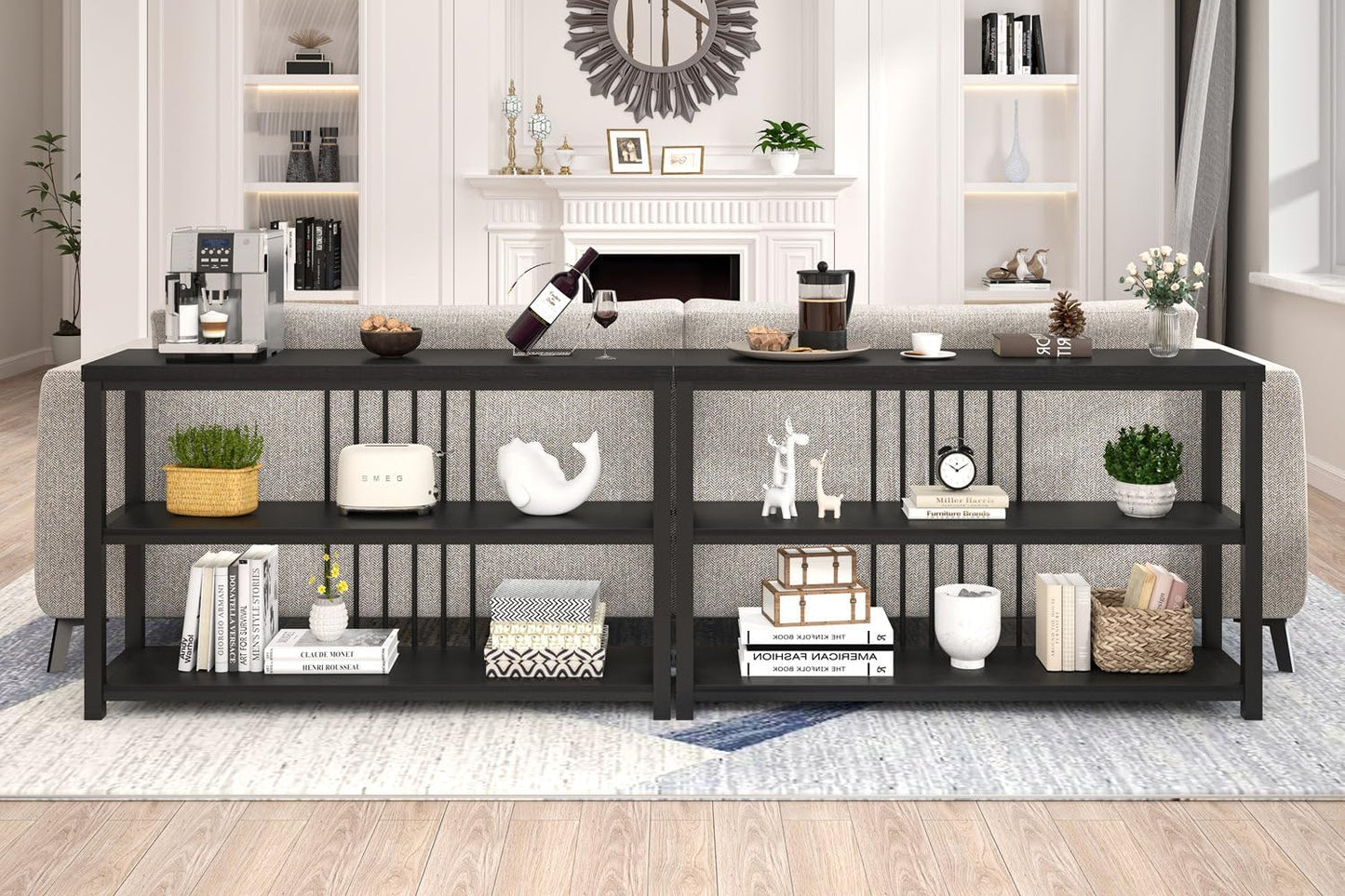 FOLUBAN Entryway Table, Modern Sofa Console Table with 3 Tier Storage Shelf for Living Room Hallway Foyer, Industrial Black Oak