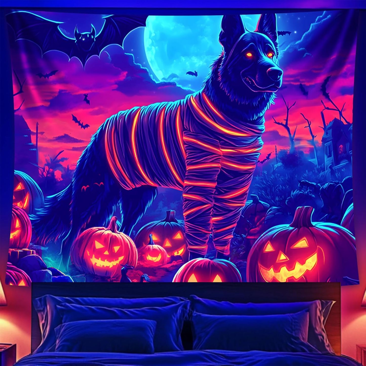 Halloween Tapestry, Blacklight Tapestry for Halloween Party Decor Hanging Tapestries Backdrop Wall Art Poster for Bedroom Dorm 90x70in
