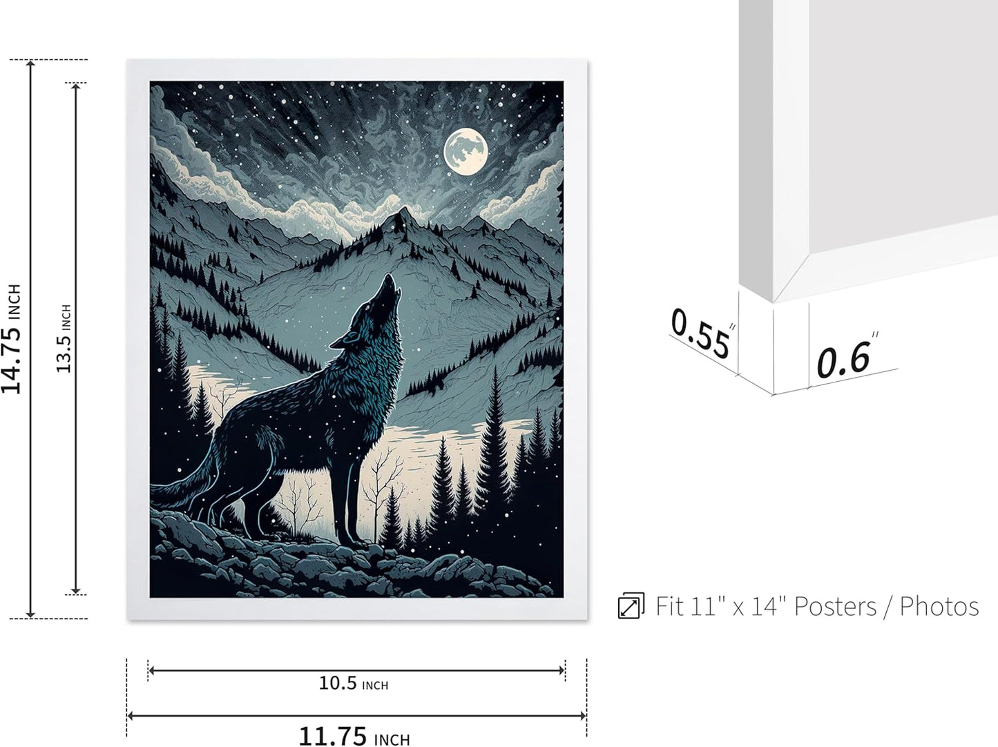 Poster Master Vintage Illustration Poster - Retro Animal Print - Gift for Artist, Friend - Wolf Howling at the Moon, Mountain, Snow, Landscape - Wall Decor for Home, Office, 11x14 White Framed