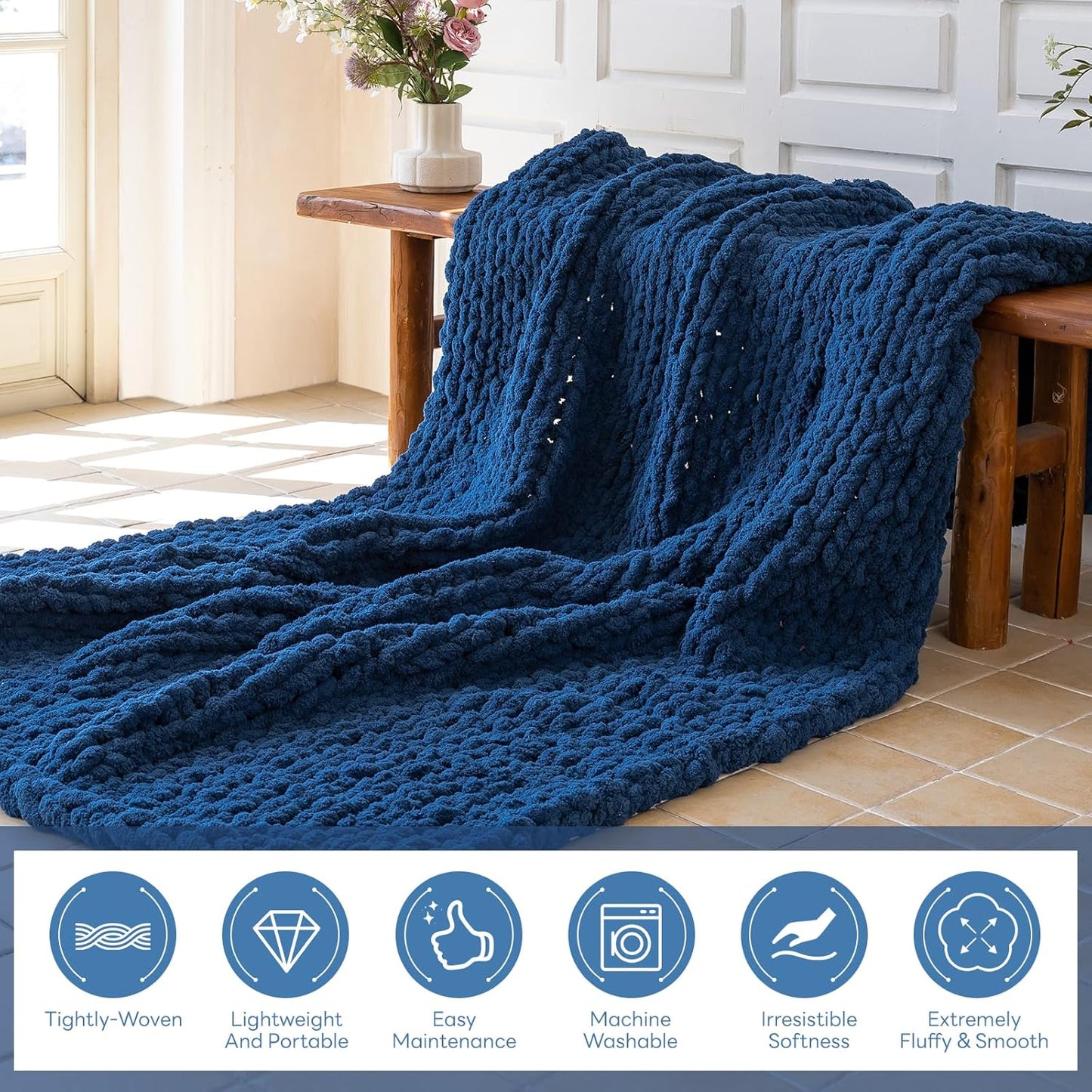 Chunky Knit Blanket - Luxury Soft Cozy 40 * 50 Throw Blanket,100% Woven Blanket Rope Knot Throw Blanket for Couch, Sofa, Home Decor, Gift - Machine Washable（Deep Blue）