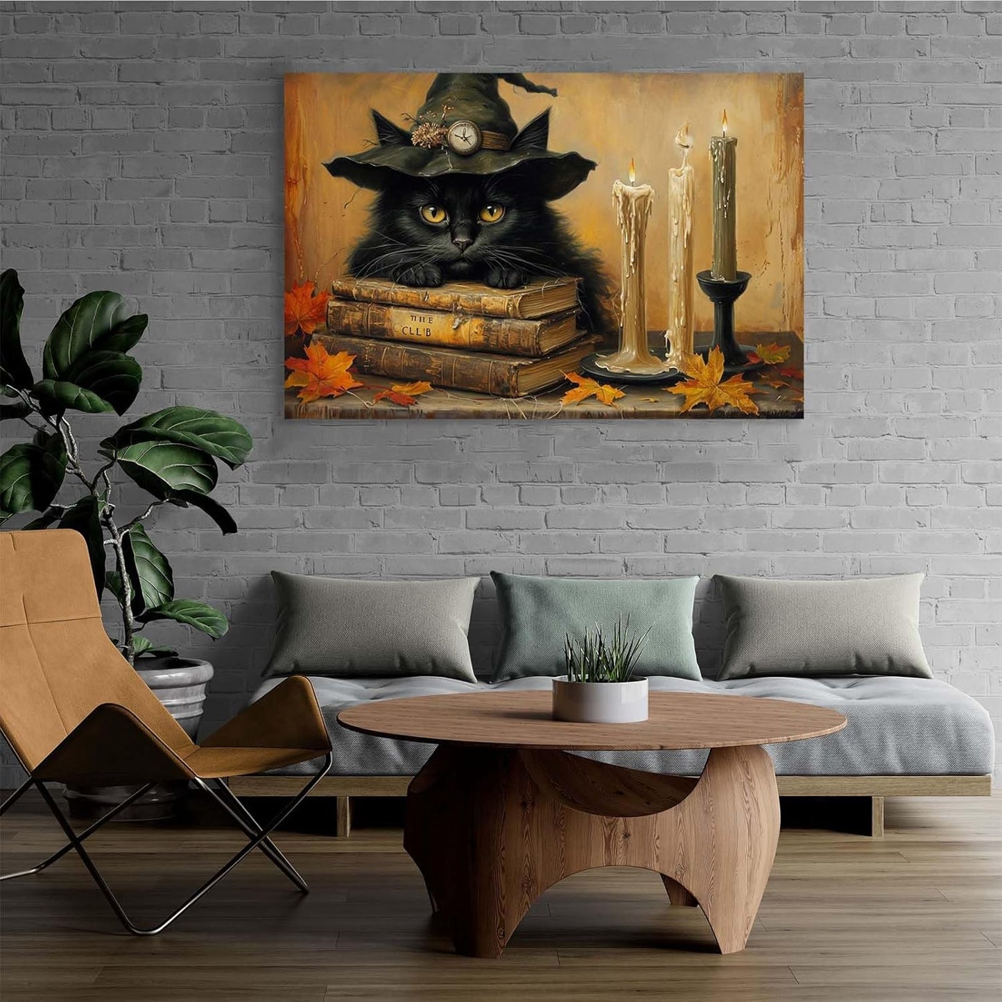 JFHCQJPK Vintage Halloween wall decoration black cat and magic book suitable for home bedroom living room decoration dark classic art witch wall decoration16x24in Frameless