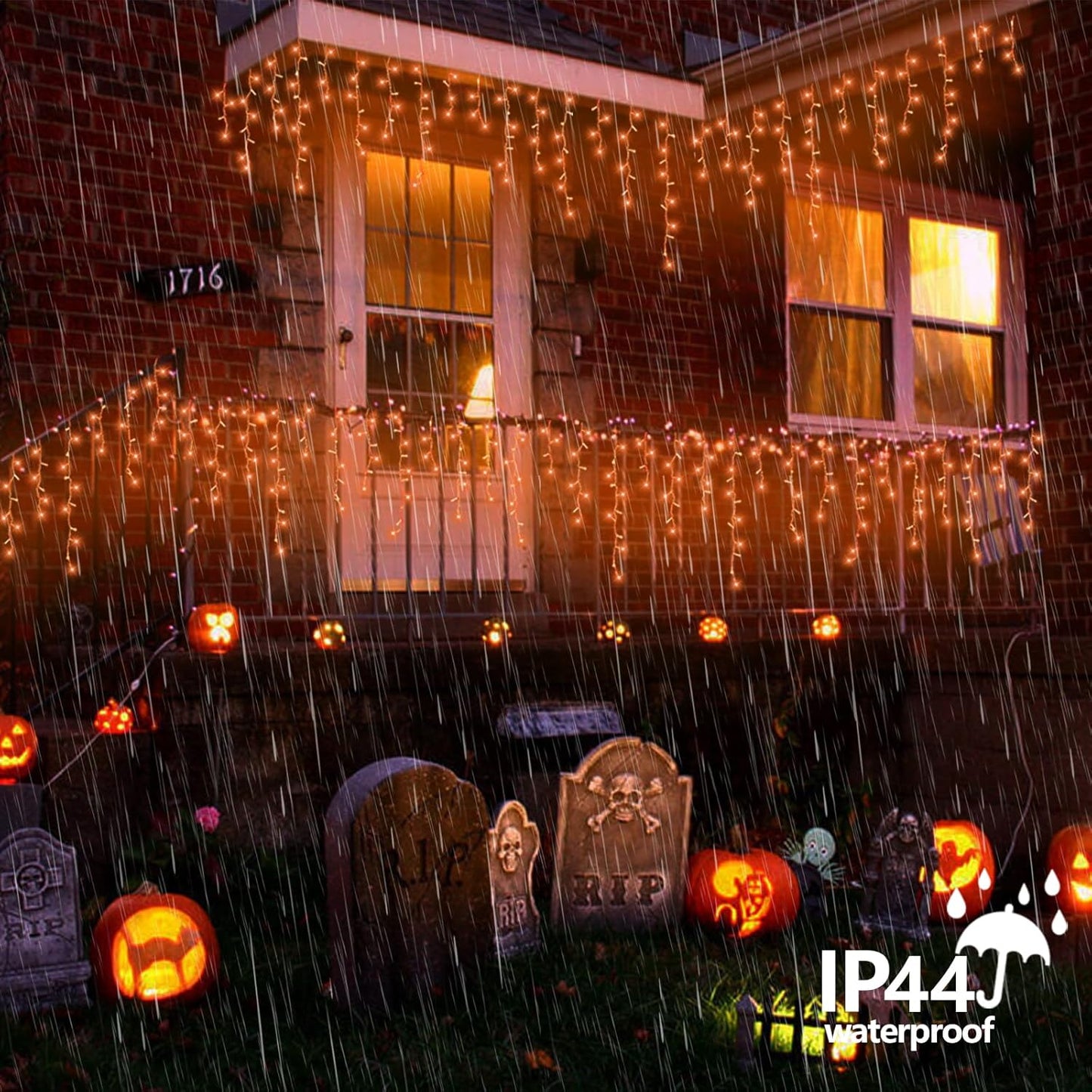 QITONG Orange Lights for Halloween, 33ft 400 LED Icicle Light for Outside with 8 Modes, Clear Wire Connectable Christmas Lights Indoor Plug in