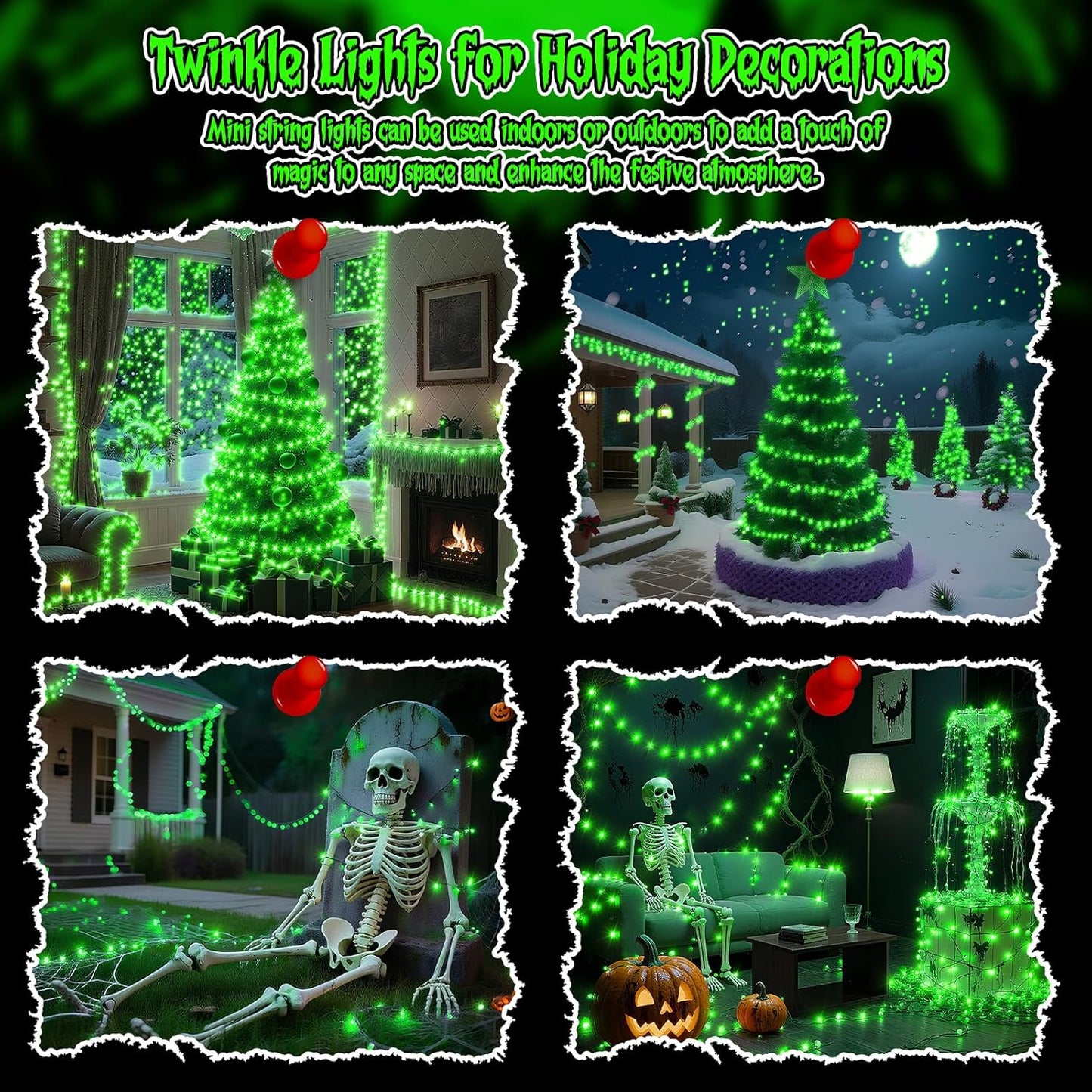 TingMiao Halloween Green Fairy Lights Battery Operate,7.2ft 20 LEDs String Lights Silver Copper Wire for Hallowen Christmas DIY Decoration Wedding Party (6 Pack)