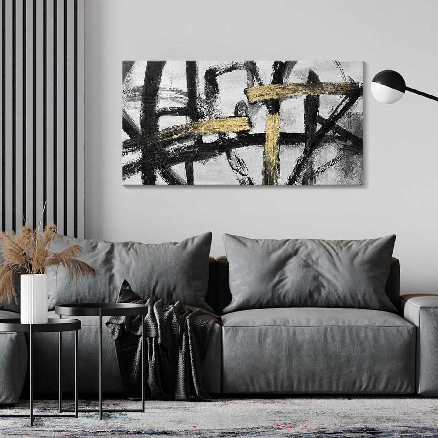 Black White and Gold Wall Art, Modern Paintings Abstract Graffiti Canvas Prints Artwork Black Grey Wall Pictures for Living Room Bedroom Bathroom Home Office Decor 20x40 In