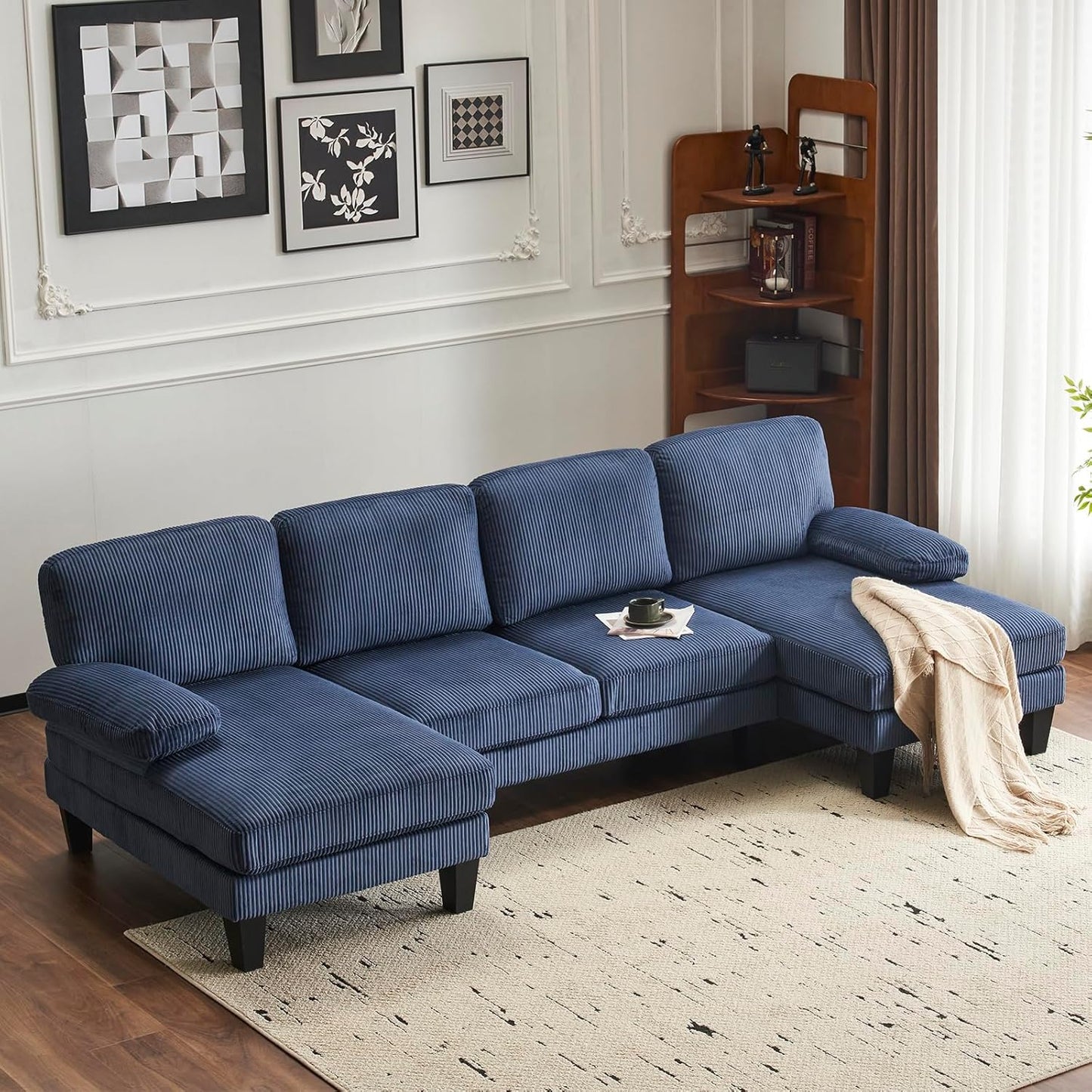 Karl home U-Shape Sectional Sofa Couch 111" Modern 4-Seat Sofa with Chaises Corduroy Fabric Upholstered Covertible Couch with Wood Grain Legs for Living Room, Reception Room, Apartment, Navy Blue