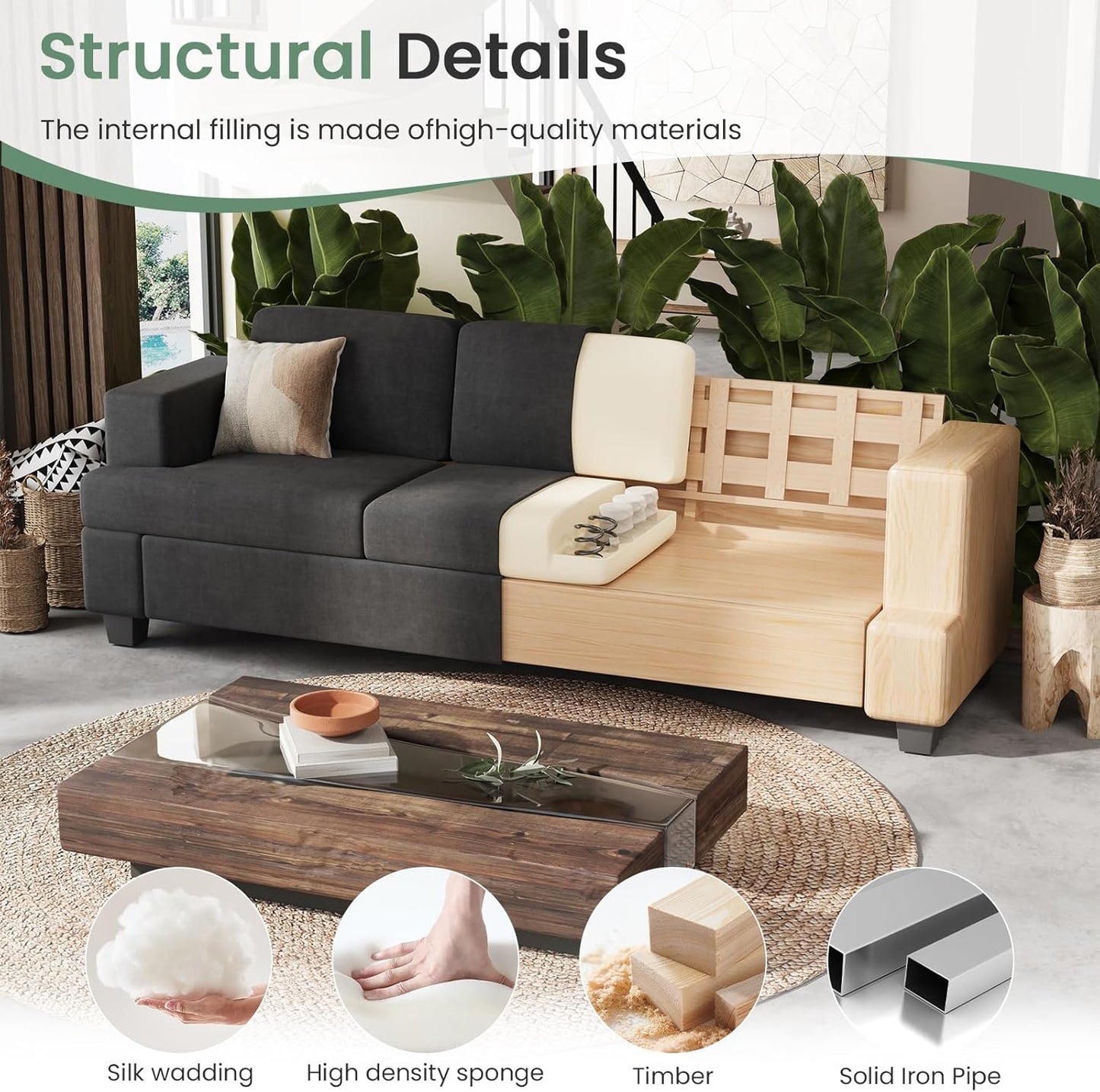 2 Piece Set Comfy Sofa Couch, 3 Seater & Loveseat Sofa with Deep Seats, Modern Sleeper Couch for Living Room, Dark Grey Chenille