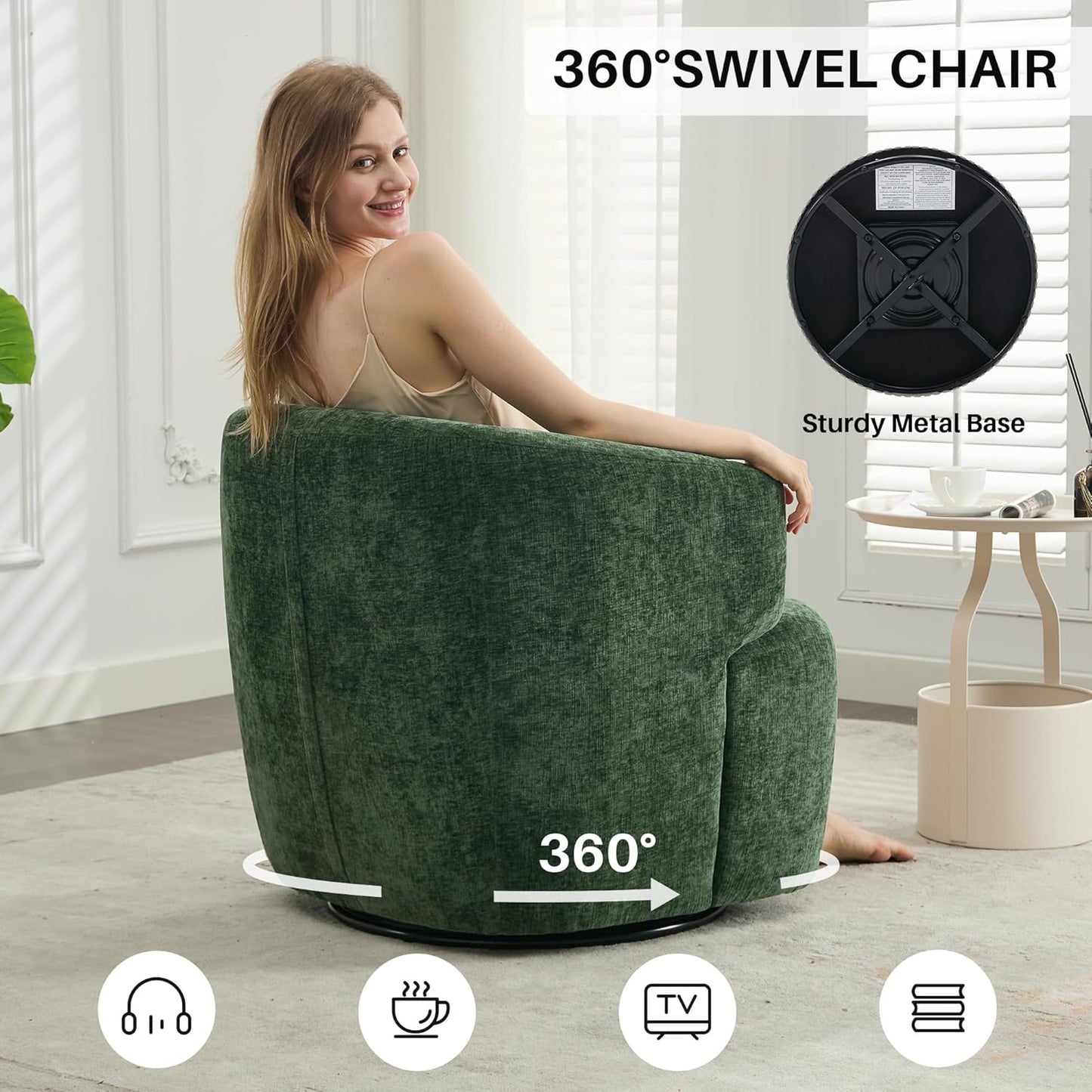 Swivel Accent Chair, Chenille Barrel Chair for Living Room, Cozy Round Boucle Arm Chair, Metal Base for Club Nursery Bedroom, Green
