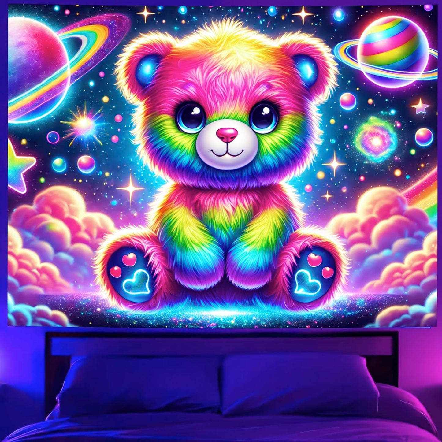 BlissYard Glowing Tapestry Blacklight Teddy Bear UV Reactive Rainbow Tapestry Neon Glow In the Dark Wall Hanging Decoration Kids’Bedroom Living Room Party Backdrop 59X78 inch Photo Shoot Props