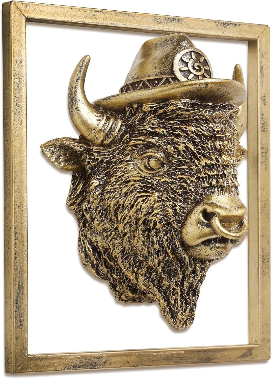 Animal Heads Wall Decor (Includes Metal Frame) Resin Animals Sculptures Head Wall Hanging Decoration Gold vintage Wall Sculpture for Living Room Bedroom Office (American Bison)