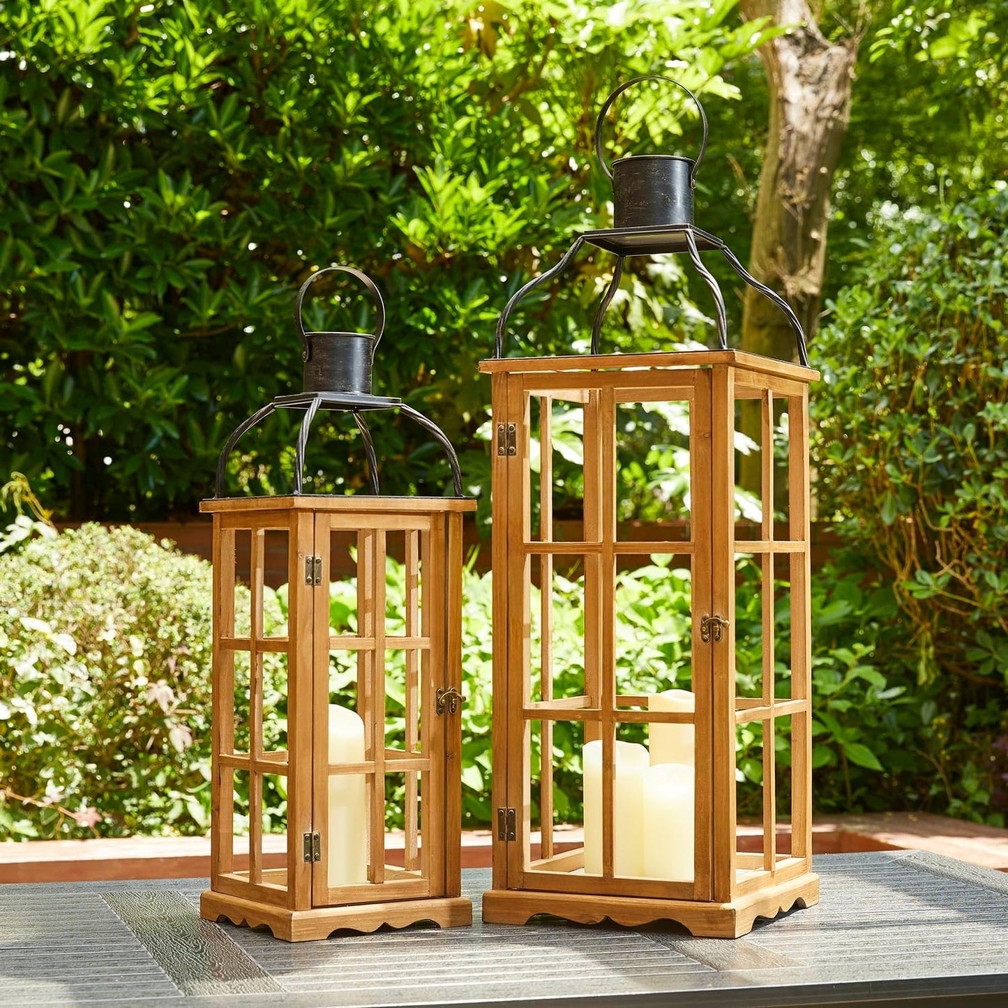 Glitzhome Set of 2 Oversized Farmhouse Wood Lanterns with Metal Top Decorative Hanging Candle Lanterns for Home Décor, Natural (No Glass)