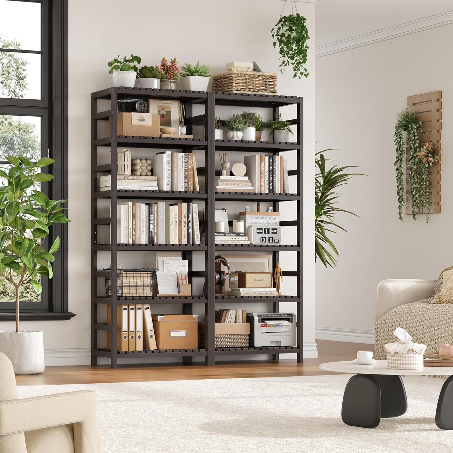 FOTOSOK 6-Tier Bamboo Shelf, Bamboo Bookcase with Adjustable Shelves, Free Standing Storage Shelf Unit, Plant Flower Stand for Kitchen, Bathroom, Home Office, Vintage