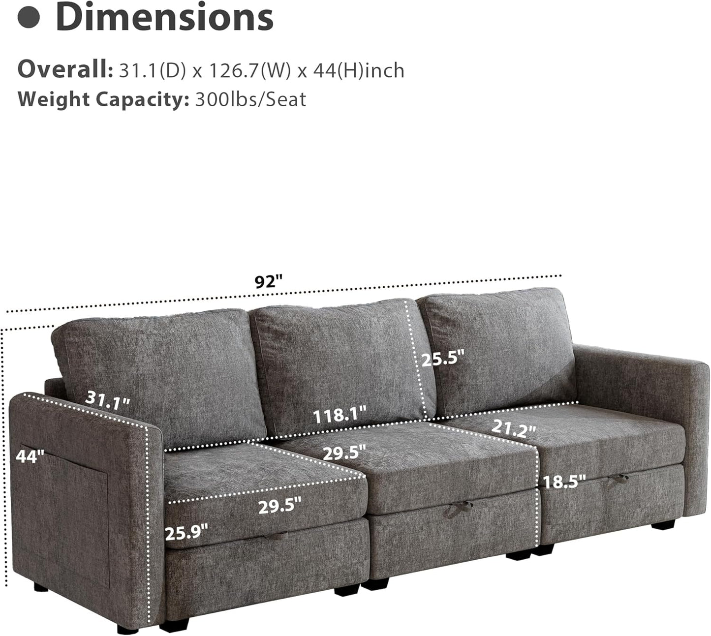 mestyl Modular Sectional Sofa Convertible Sofa Couch Set with Storage for Living Room, Modern 3 Seater Modular Sectional Couch (Grey)