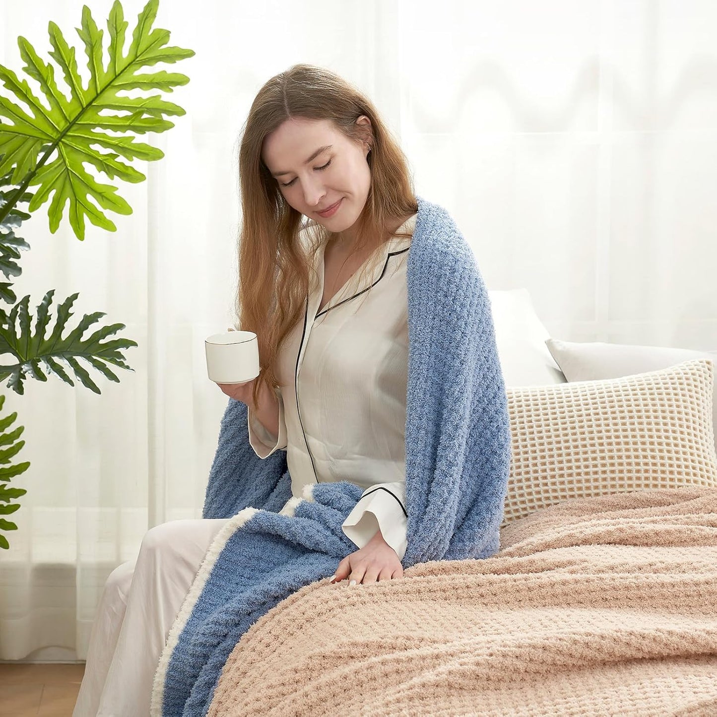 Snuggle Sac Ultra Soft Waffle Throw Blanket for Couch Bed Sofa 50x60 inches, Reversible Blue Blanket Microfiber Fluffy Fuzzy Cozy Knit Throws for Women Mothers Birthday Gifts