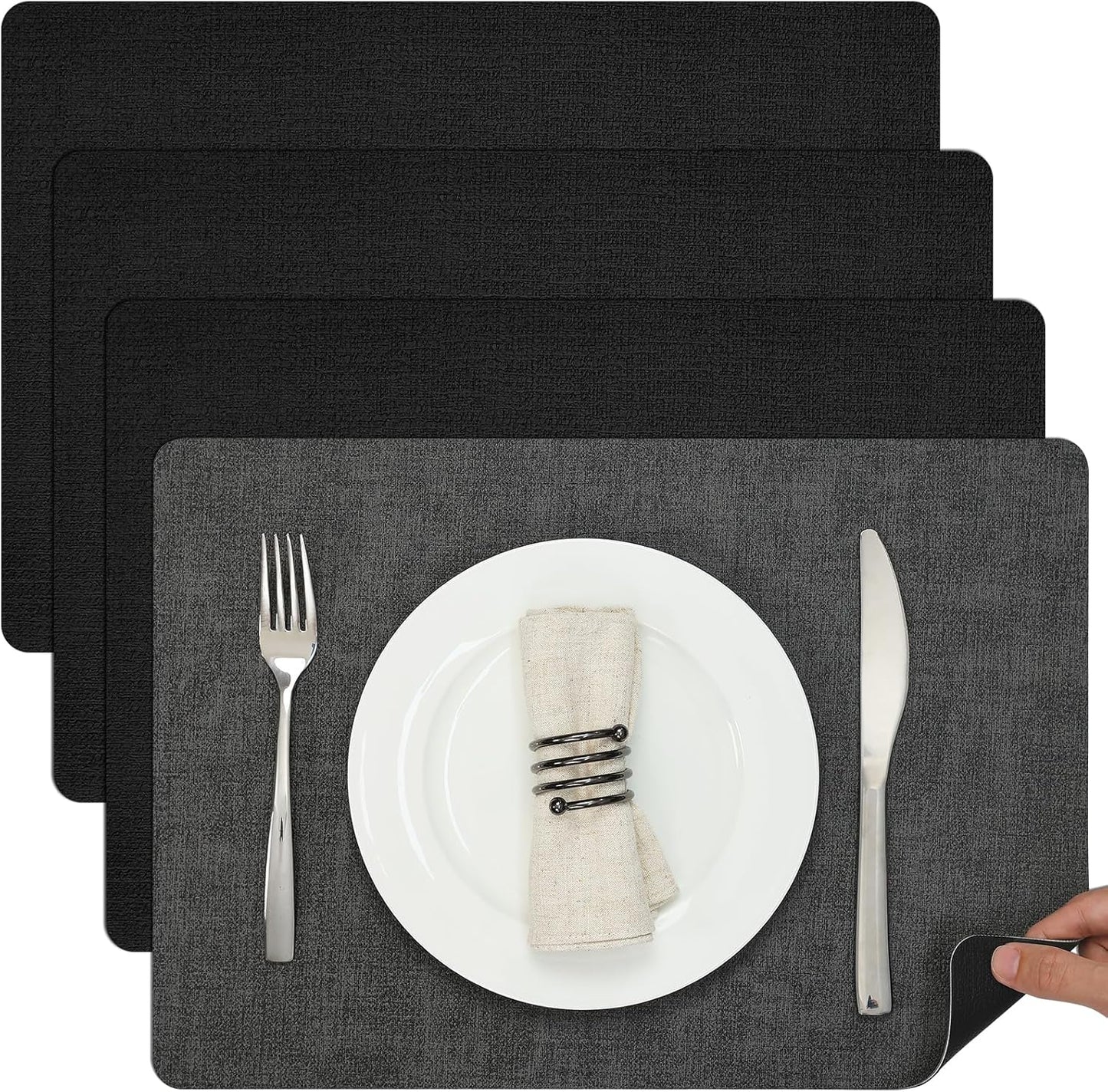 Myir JUN Dual Sided Faux Leather Place Mats Set of 4, Indoor & Outdoor Placemats - Non-Slip, Washable, Square (Gray Black)