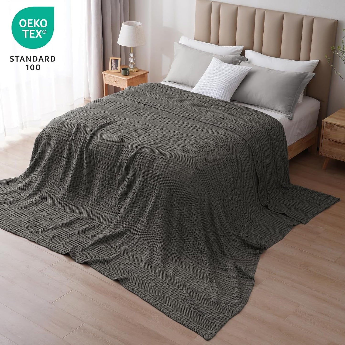 PHF 100% Cotton Waffle Blanket Oversized King 120"x120", Lightweight Breathable Extra Large 10'x10' Summer Blankets for Bed, Giant Big Luxury Aesthetic Woven Bedding for Home Decor, Charcoal Grey