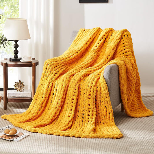 L'AGRATY Chunky Knit Blanket Throw - Soft Chunky Throw Blanket 60x80: 100% Hand Kintted Chenile Crochet Throw Blanket for Couch - Large Cable Knit Chunky Blanket for Home Decor(Mustard Yellow)