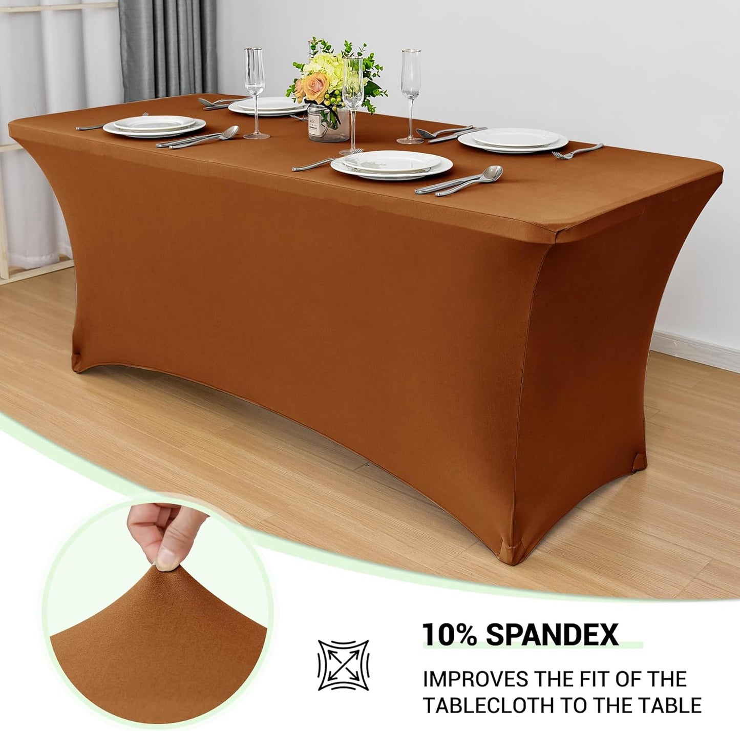 Obstal 8Ft Stretch Spandex Table Cover for Standard Folding Tables - 2 Pack Universal Rectangular Fitted Tablecloth for Party, Banquet, Events, Trade Show (Light Coffee, 96L x 30W x 30H Inches)