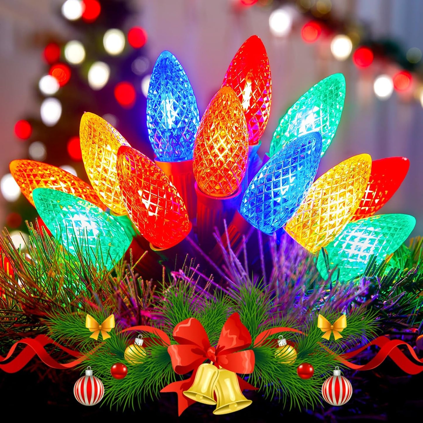 Brightown Outdoor Christmas Lights, 100 Ft LED Commercial String Lights With Multicolor Strawberry C9 Bulbs, Waterproof Connectable UL Certified for Indoor Yard Xmas Tree House Decor