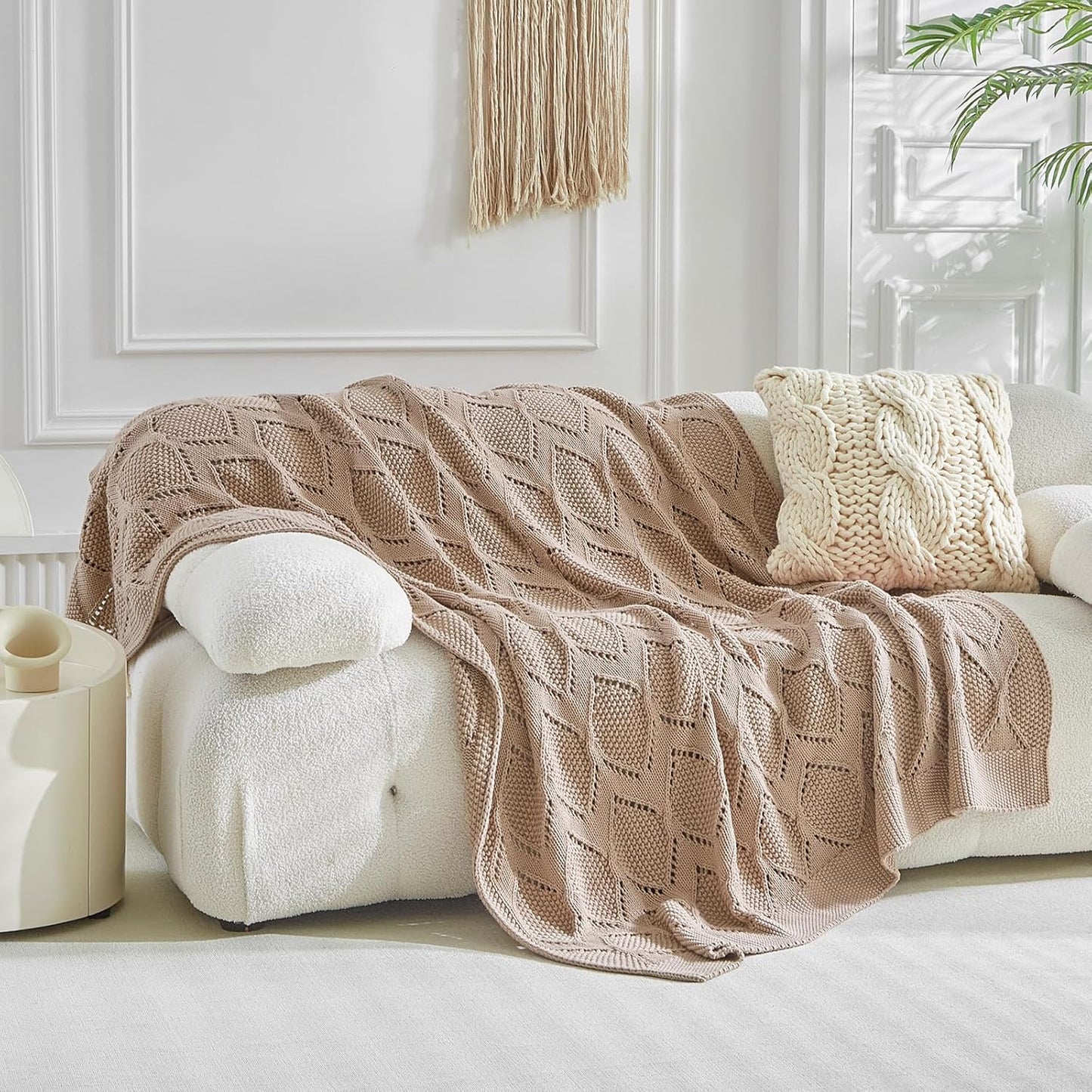 Longhui bedding Chunky Cotton Knit Throw Blanket for Couch, Sofa, Bed, or Chair, Decorative Breathable Fall Cable Knit Blanket 60 x 80 Inches, Pink Rose