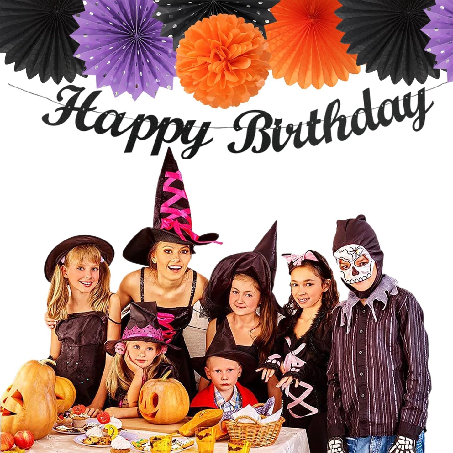Black-Purple Orange Halloween Birthday Party-Decorations - 21pcs Happy Banner,Paper Lanterns Honeycomb,Tissue Pom Poms Flower Fan,Kids Classroom Hanging Streamers Garland Decor Supplies Huglony