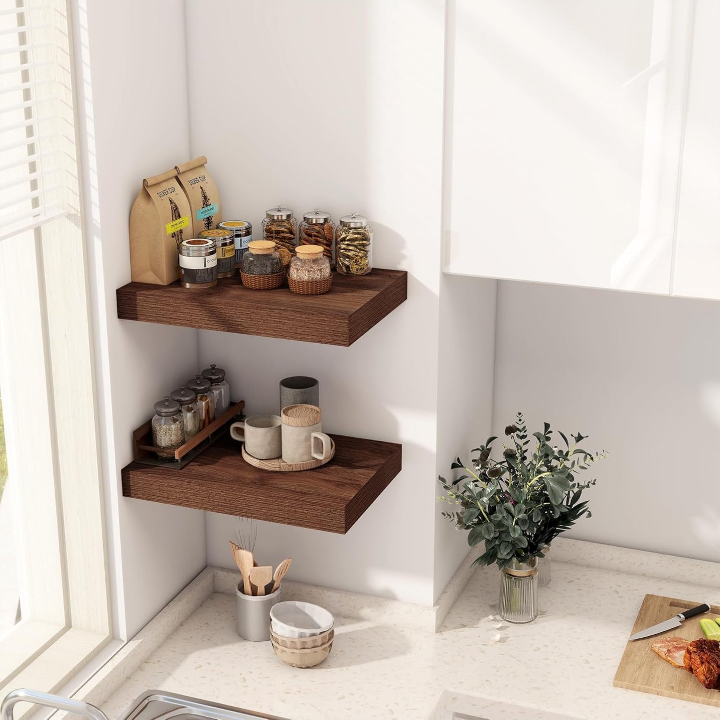 12 Inch Deep Floating Shelves, 16 x 12 Floating Shelf for Books, Rustic Wood Deep Wall Shelves for Home Storage & Display, 2" Thicked Shelves for Kitchen, Living Room, Bedroom, Walnut Color, 2 Pack