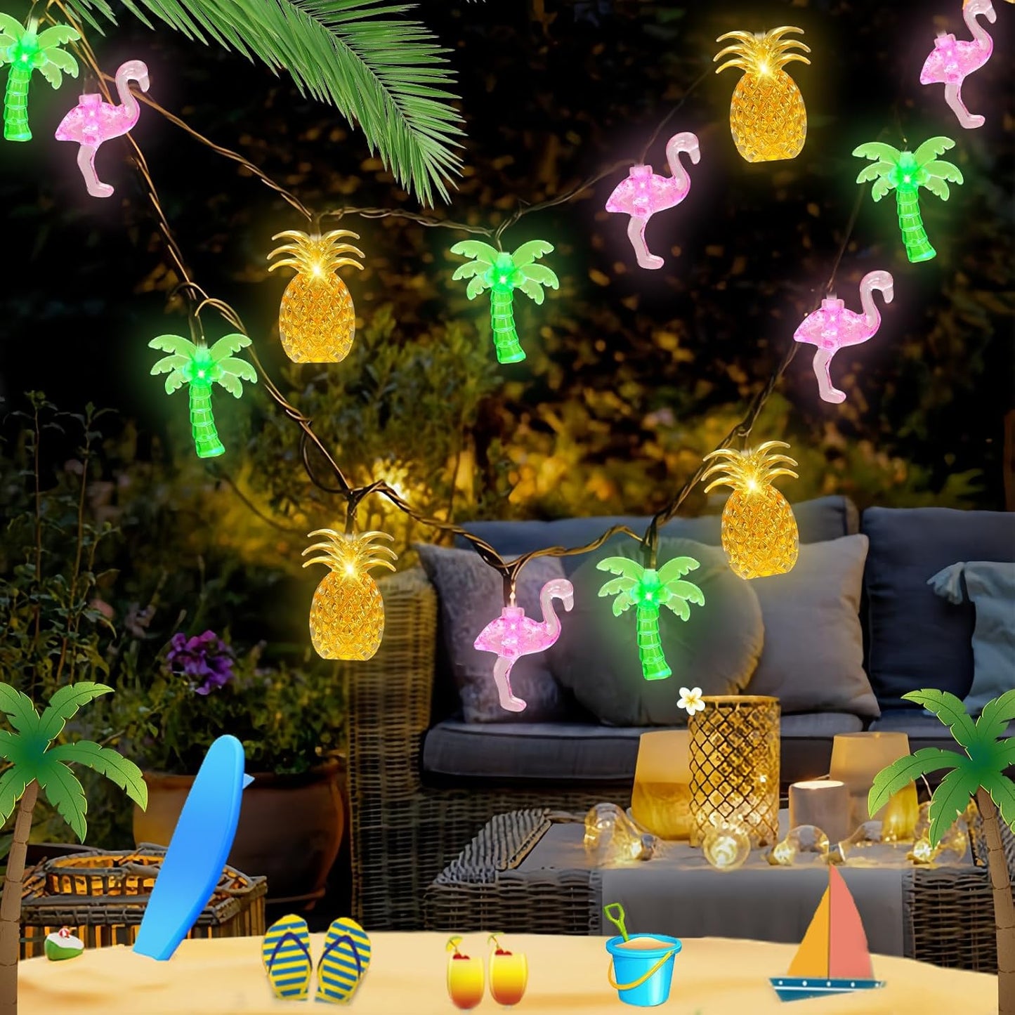 Couah 30 LED 16Ft Summer Beach Hawaiian String Lights - 8 Modes & Timer - Flamingo Pineapple Palm Tree Fairy Lights - Battery Operated for Tropical Party Pool Decorations