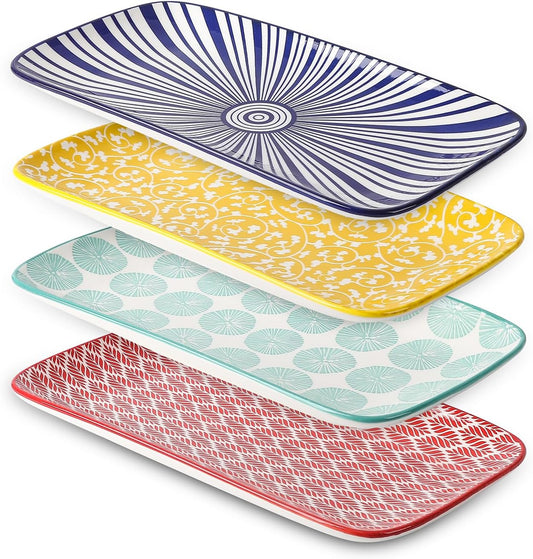 Selamica Ceramic Rectangular Salad Plates Set, Dinner Plate 9.4 Inch Dessert Plates for Party Entertaining, Small Serving Plates for Appetizers, Sushi, Fruit, Set of 4, Assorted Colors