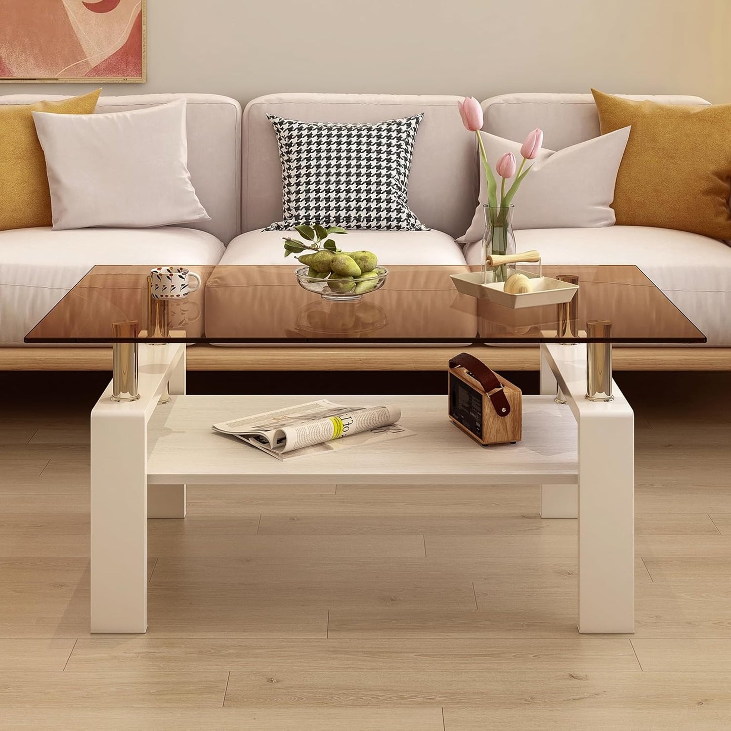 Glass Coffee Table Rectangle Living Room Center Table, with Brown Tempered Glass Tabletop and White MDF Layer,for Living Room and Office, Brown+White