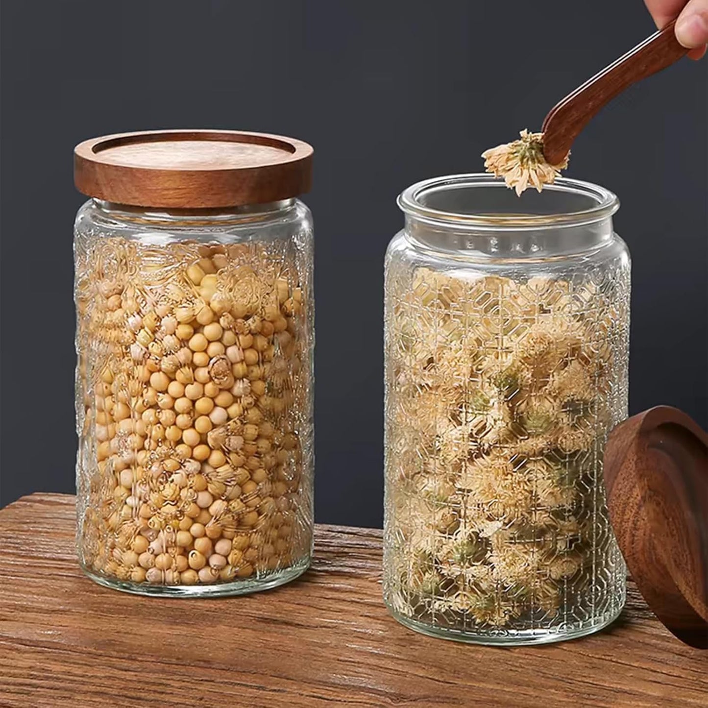 Vintage Glass Jars with Wooden Lids, 34 oz Airtight Glass Food Storage Containers Sets for the Kitchen, Sugar Candy Coffee Cookie Tea Spice Pasta