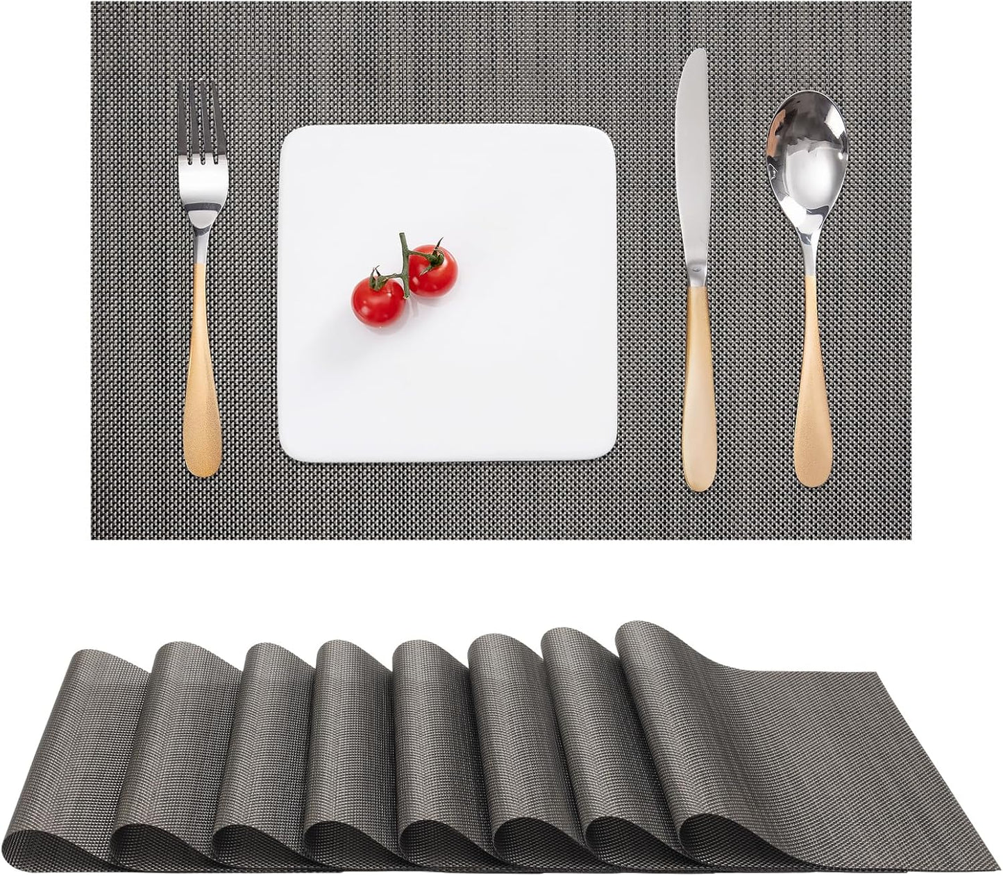 Myir JUN Placemats Set of 8, Vinyl Woven Placemats Place Mats Indoor Set of 8 Washable Table Mats Non-Slip Place mats for Dining Table (Dark Brown, Set of 8)