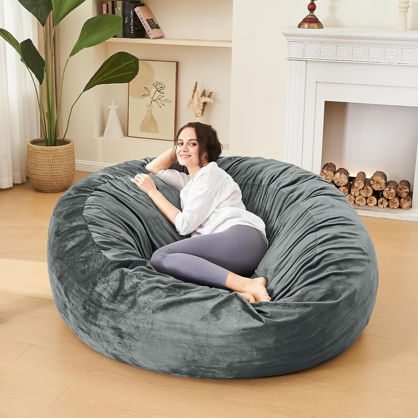 Bean Bag Chairs for Adults - Memory Foam Furniture BeanBag Chair - Kids/Teens Sofa with Soft Micro Fiber Cover - Round Fluffy Couch for Living Room Bedroom College Dorm - 5 ft, Grey