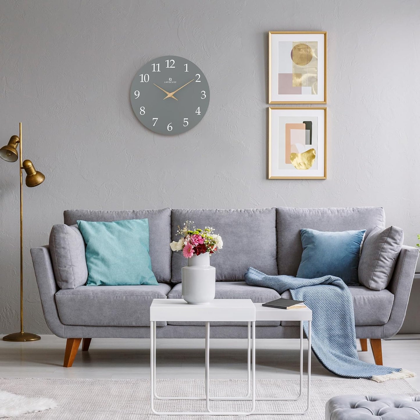 Lafocuse 12 Inch Silent Grey Wall Clock Battery Operated for Living Room Decor, Simple Minimalist Wooden Wall Clock for Kitchen Bedroom Office